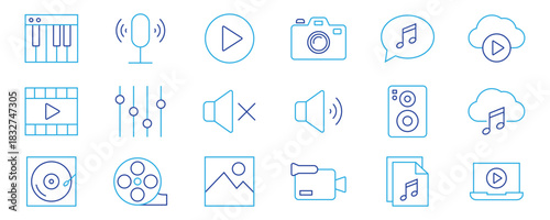 Content line icons set. Audio and Video line icons set. Containing Music, camera, microphone, webcam, cinema, and more. Vector illustration
