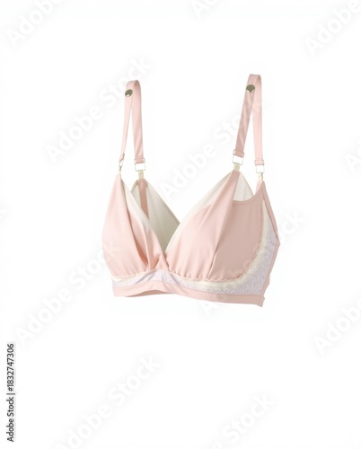 Isolated studio shot of a pink nursing bra with lace trim, no people.