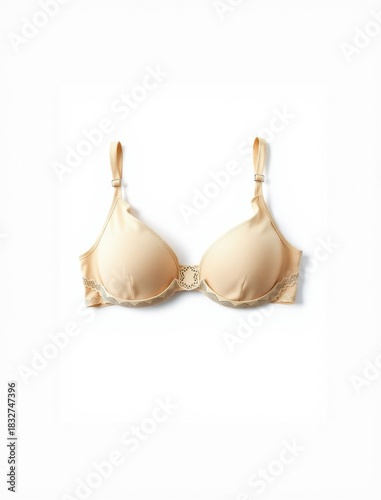Beige bra with lace trim isolated on white background, no people.