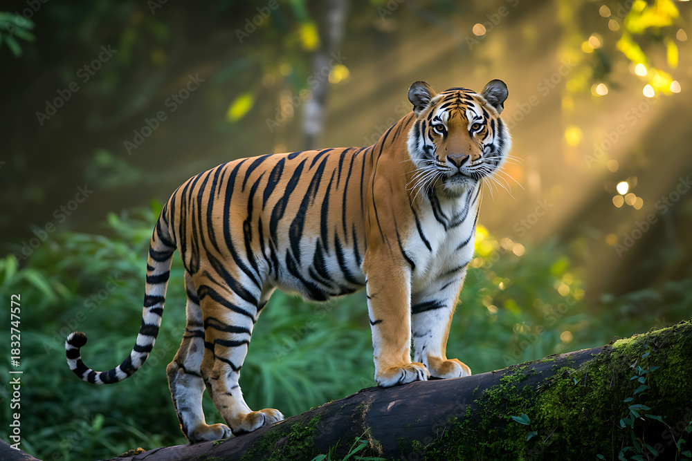 Obraz premium Tiger in Sunbeams on a Forest Log Bengal tiger animal