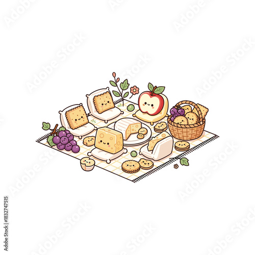 Cheese picnic scene with apple grapes cookies vector illustration
