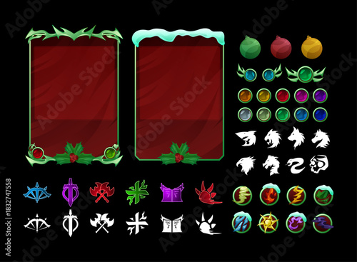 christmas themed card frame and rpg icons pack with holly decoration snow frame elements class symbols ability icons fantasy ui asset for game card design red background template