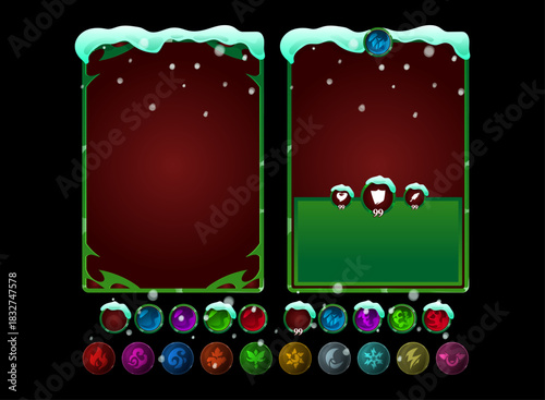 christmas rpg card frame with snow fantasy ui template and skill orb icons winter themed collectible card design elements red background green border game asset pack