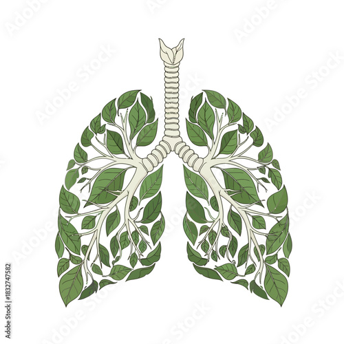 Creative illustration of human lungs made from tree branches and green leaves, symbolizing the connection between nature and breathing.
