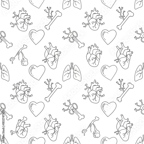 Seamless black and white pattern featuring line art illustrations of human organs like the heart, lungs, and bones.