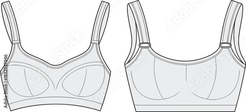 Bra technical fashion illustration, front and back view, lingerie design, cad drawing flat vector template