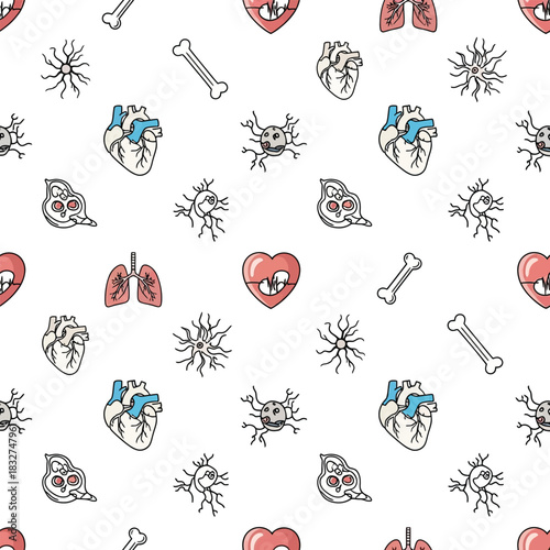 Seamless pattern of human internal organs and cells, including hearts, lungs, bones, brains, and neurons, on a white background.