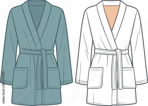Bathrobe fashion illustration, shawl collar, belt tie, patch pockets, garment sketch, cad drawing flat vector