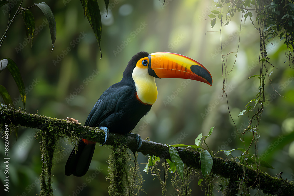 Obraz premium Toucan Perched on Mossy Branch in Lush Rainforest bird