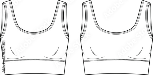 Sports bra fashion illustration, scoop neckline, contour stitching, technical sketch, cad drawing flat vector template