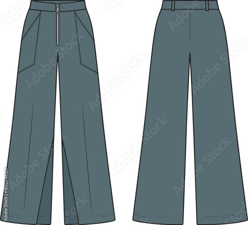 Wide-leg trousers fashion illustration, high waist, angled pockets, fly closure, cad drawing flat vector template