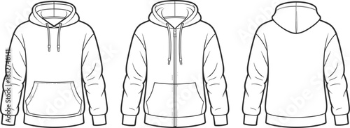 Fashion sketches of zip-up hoodie front back and side views sweatshirt jacket