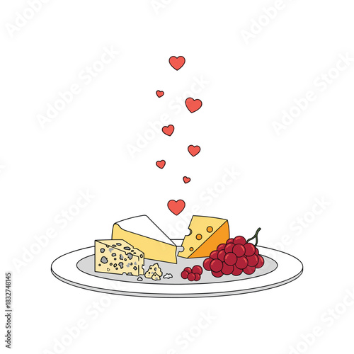 Cheese with grapes on plate cartoon vector illustration design