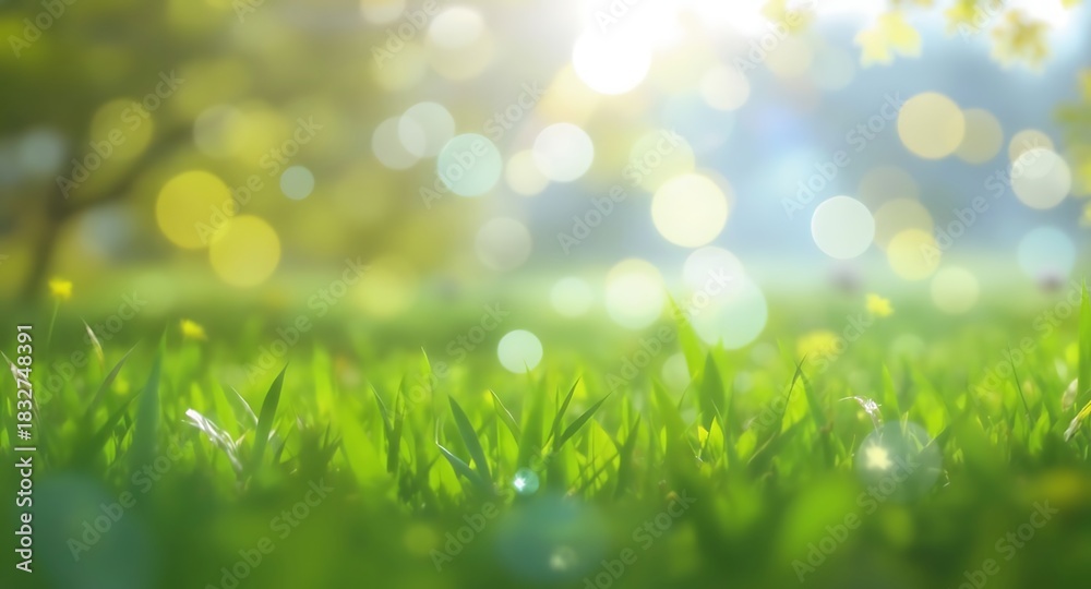 Fototapeta premium Lush Green Grass with Bokeh Lights - A Serene Spring Scene.