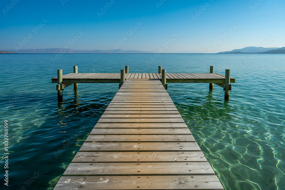 Fototapeta premium Serene Wooden Dock Overlooking Clear Blue Water