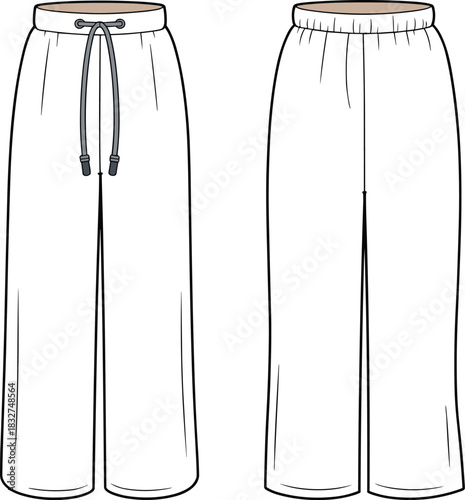 Flat fashion sketches of wide leg pants front and back views trousers culottes