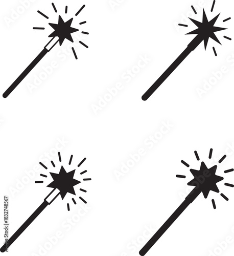 Set of four hand drawn magic wands with sparkles in black and white