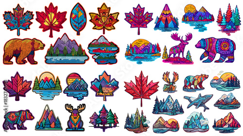 Colorful illustration set featuring bears, moose, mountains, forests, lakes, and maple leaves in vibrant stylized designs, perfect for stickers, travel themes, and outdoor artwork.
