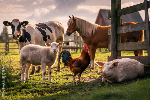 Farm animals in a field at sunset with a wooden fence and barn