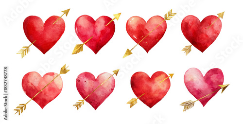 Watercolor hearts pierced by golden arrows creating a romantic love symbol for valentine's day, wedding, or anniversary designs, isolated on a transparent background