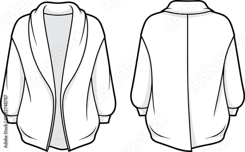 Front and Back View Line Drawing of a Cardigan Jacket with Open Front collar