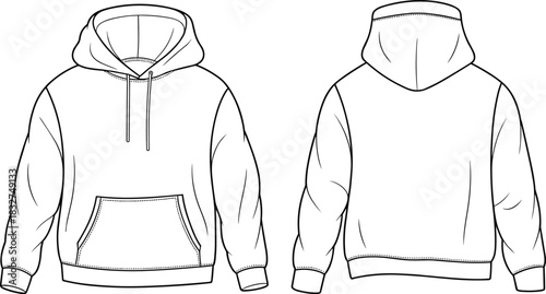 Front and Back View Line Drawing of a Hooded Sweatshirt with Pocket hoodie pullover hoodie