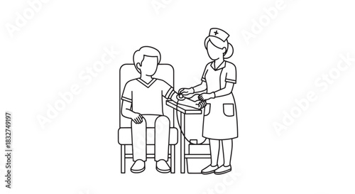 Nurse Taking Patient's Blood Pressure Measurement Line Art Illustration