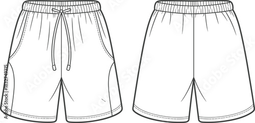 Front and Back View Line Drawing of Athletic Shorts with Drawstring sports shorts running shorts