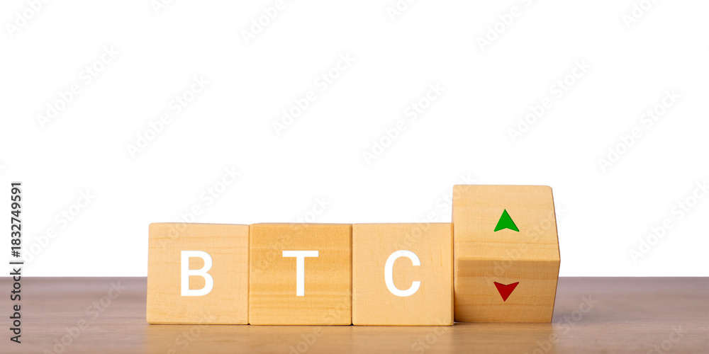 Fototapeta premium Wooden blocks with BTC letters and up down arrows for bitcoin price concept, isolated on transparent background