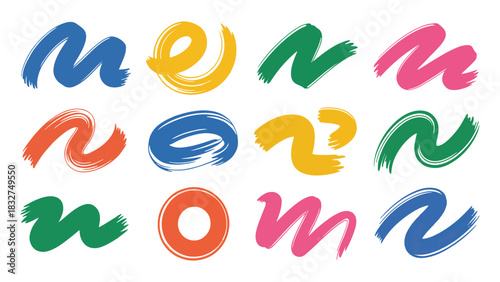 Set of twelve colorful abstract brush stroke elements in various shapes and vibrant hues like blue, yellow, green, pink, and orange, perfect for artistic design accents