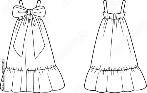 Front and Back View Line Drawing of a Child's Dress with Bow and Ruffle child dress girl dress
