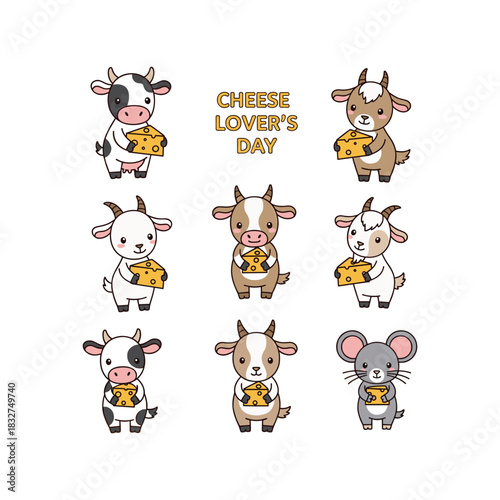 Cute cartoon cow goat and mouse with cheese cheese lover's day