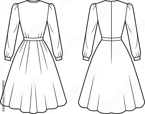 Front and Back View of a White Dress with Puffed Sleeves and Belt frock garment