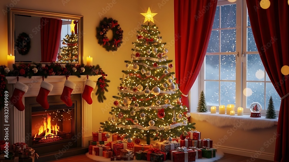 Fototapeta premium Cozy Christmas living room with decorated tree, fireplace, and festive decorations