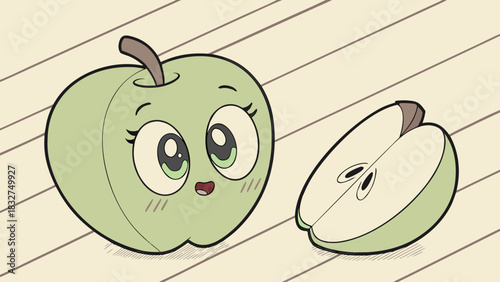 A cute cartoon green apple with a happy face next to a sliced apple on a light striped background.