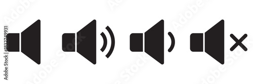 Sound volume icons set with different signal levels on white background. Аn icon that increases and reduces the sound. Speaker icon set. volume icon vector. loudspeaker icon vector. design eps 10