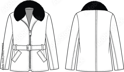 Front and back view of a white leather jacket with black fur collar and belt vector illustration