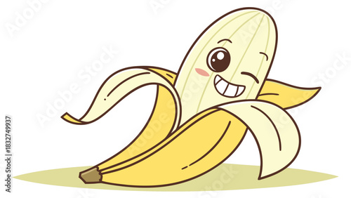 A cute cartoon banana, partially peeled, with a happy winking face.