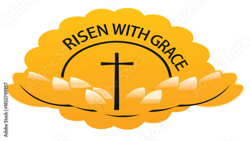 Risen with grace christian symbol featuring a cross and lotus flowers in a scalloped yellow emblem for easter and religious celebrations