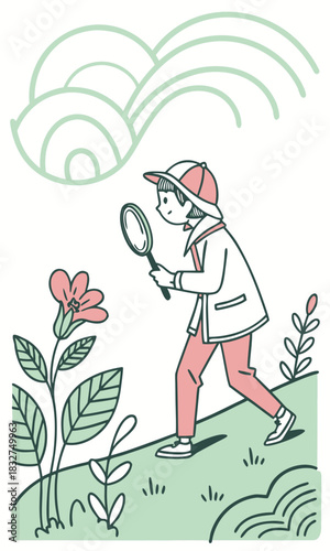 A child with a magnifying glass examining a pink flower in a stylized outdoor landscape.