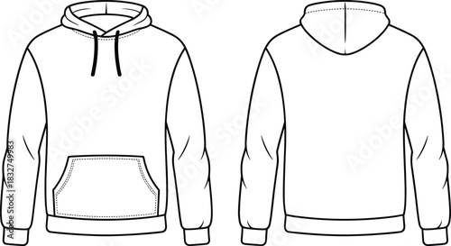 Front and Back View of a White Hoodie with Drawstrings and Pocket Outline sweatshirt hooded sweatshirt