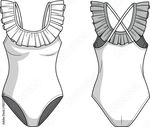 Front and back view of a white one-piece swimsuit with ruffled neckline and criss-cross straps vector
