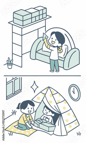 A person happily receives a card on a sofa, and two children play with a gift inside a cozy indoor tent.