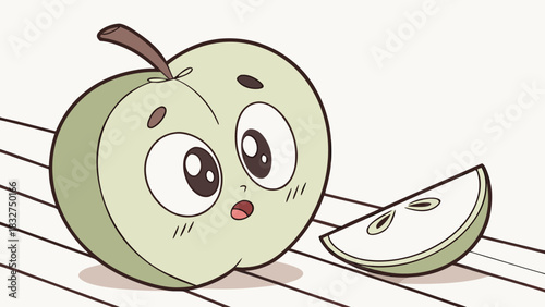 A cute cartoon green apple cut in half with a shy expression, next to a single apple slice on a light background.
