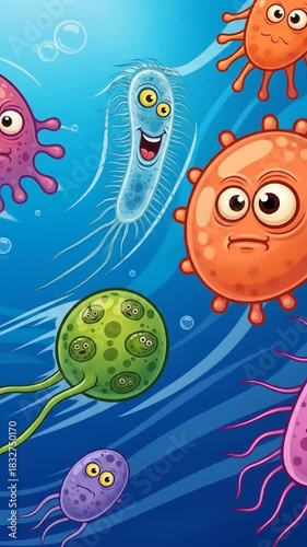 Funny Cartoon Microbes and Bacteria Floating in Blue Water.