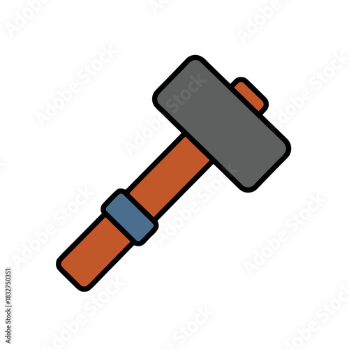 Flat vector art of a gray sledgehammer with an orange handle and blue accents on a black background minimalist clean design