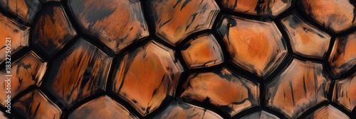 Turtle shell texture with copy space. Close-up turtle pattern. Reptile shell design. Turtle scales. Realistic turtle shell. Turtle design texture. Detailed turtle shell close-up. Wild Animal texture.	