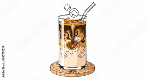An appealing illustration of a tall glass of iced coffee, featuring creamy milk swirling into a dark brew, with ice cubes and a wooden coaster.