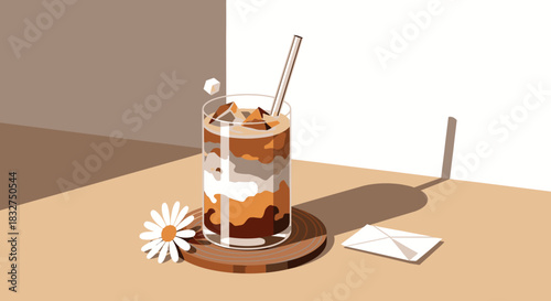This minimalist illustration beautifully captures a refreshing layered iced coffee with a straw, a delicate daisy, and a small white card.