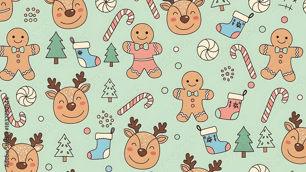 Fototapeta premium Festive Christmas pattern featuring gingerbread men, reindeer, candy canes, stockings, and trees on a mint green background